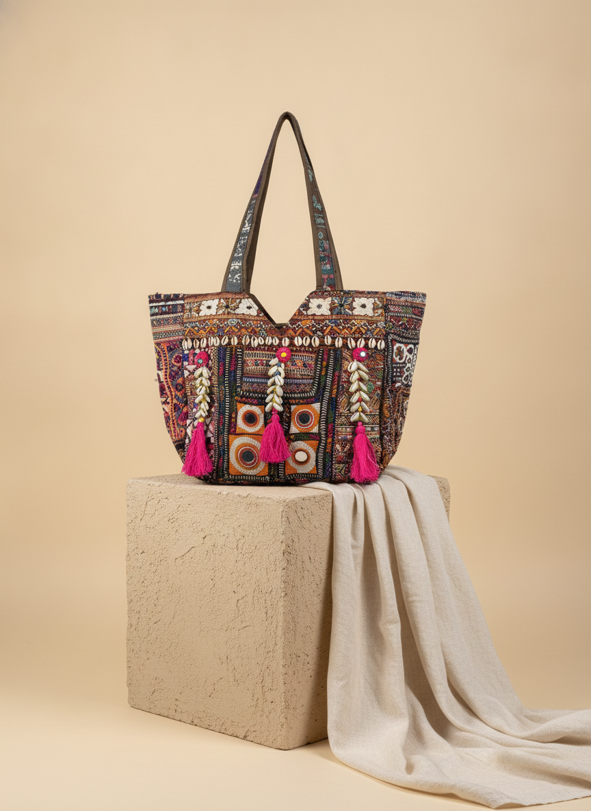 Shell Tassel Handcrafted Tote Bag — Ruby Mosaic