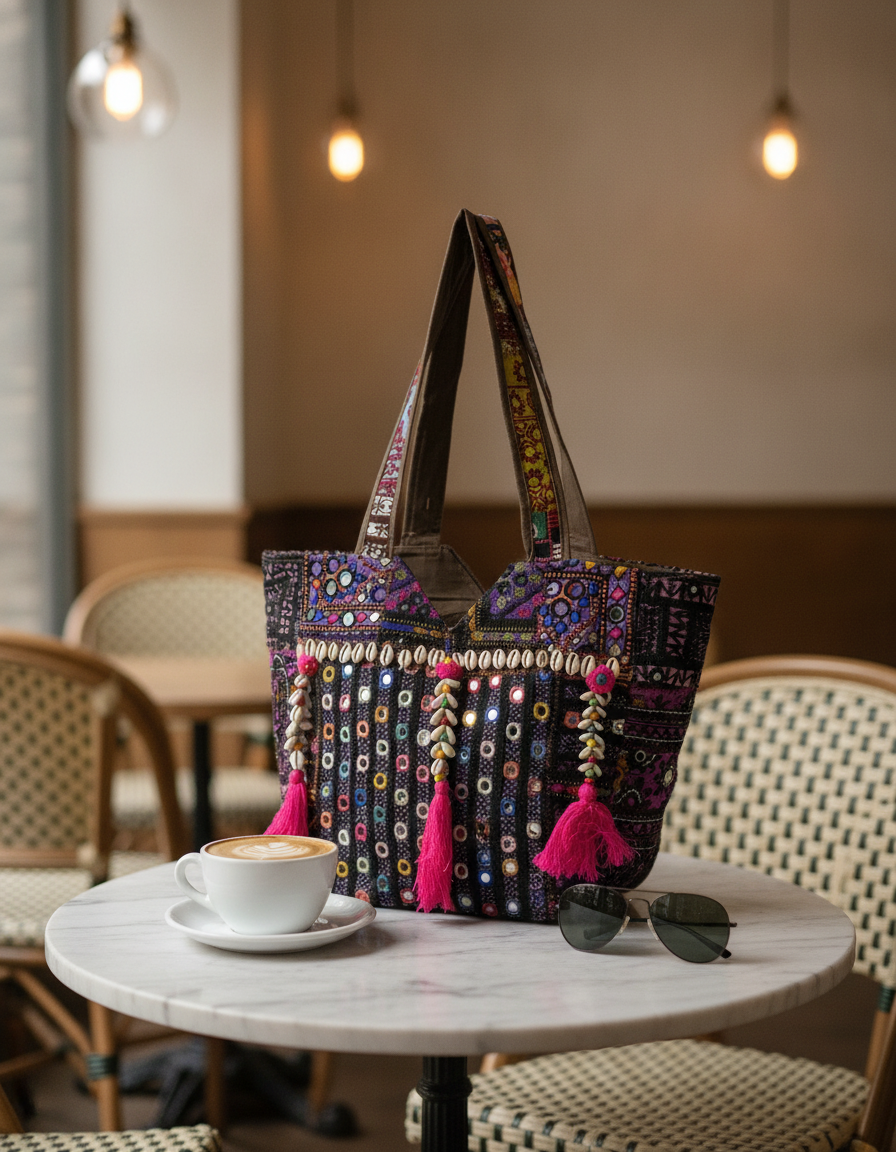 Shell Tassel Handcrafted Tote Bag — Indigo Tapestry