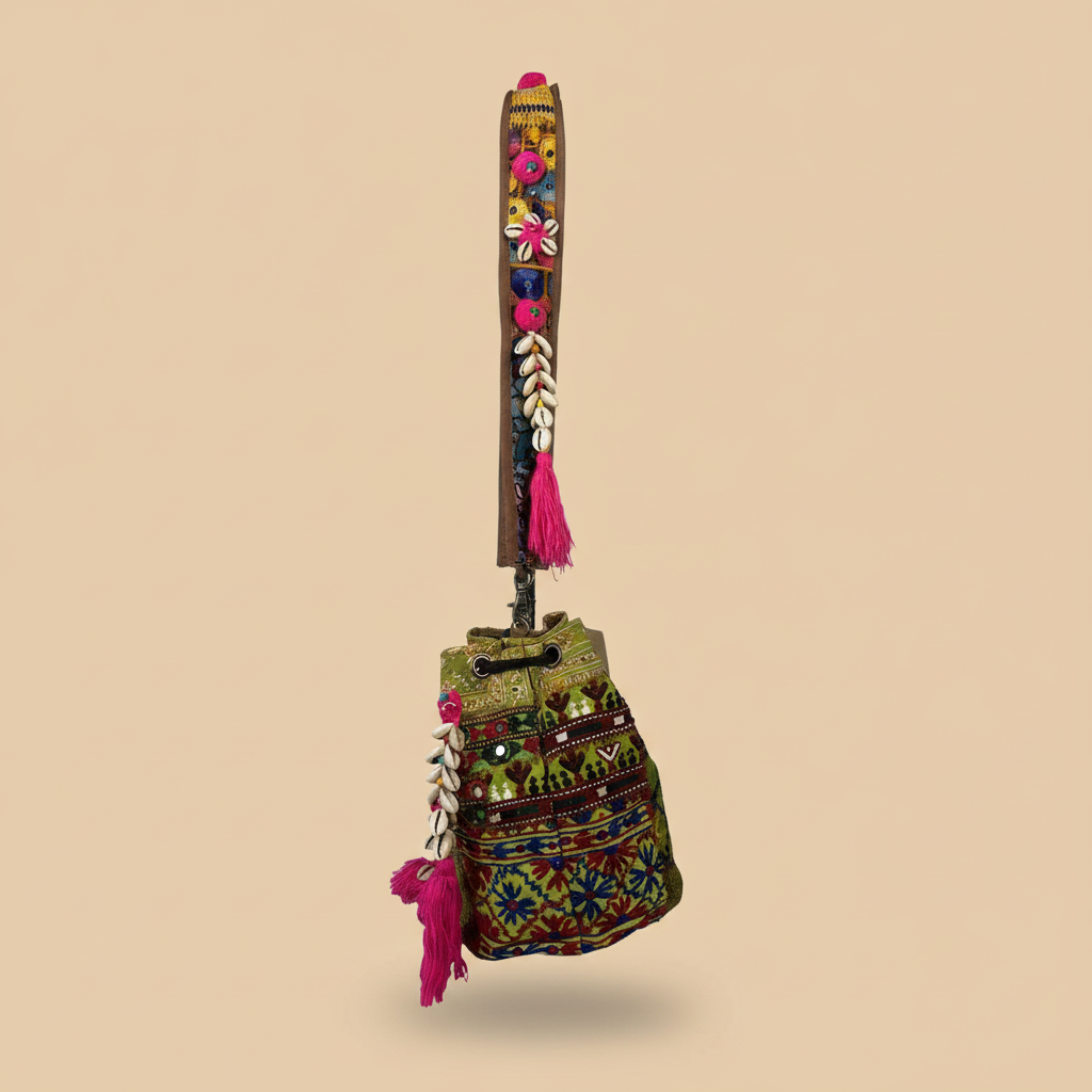 Shell Tassel Handcrafted Bucket Bag — Moss Heirloom (Medium)