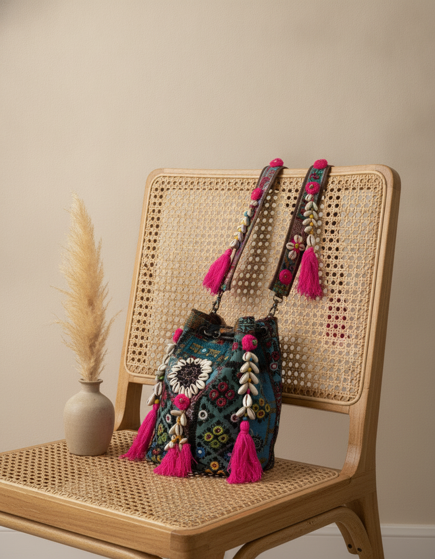 Shell Tassel Handcrafted Bucket Bag — Pine Bloom (Medium)