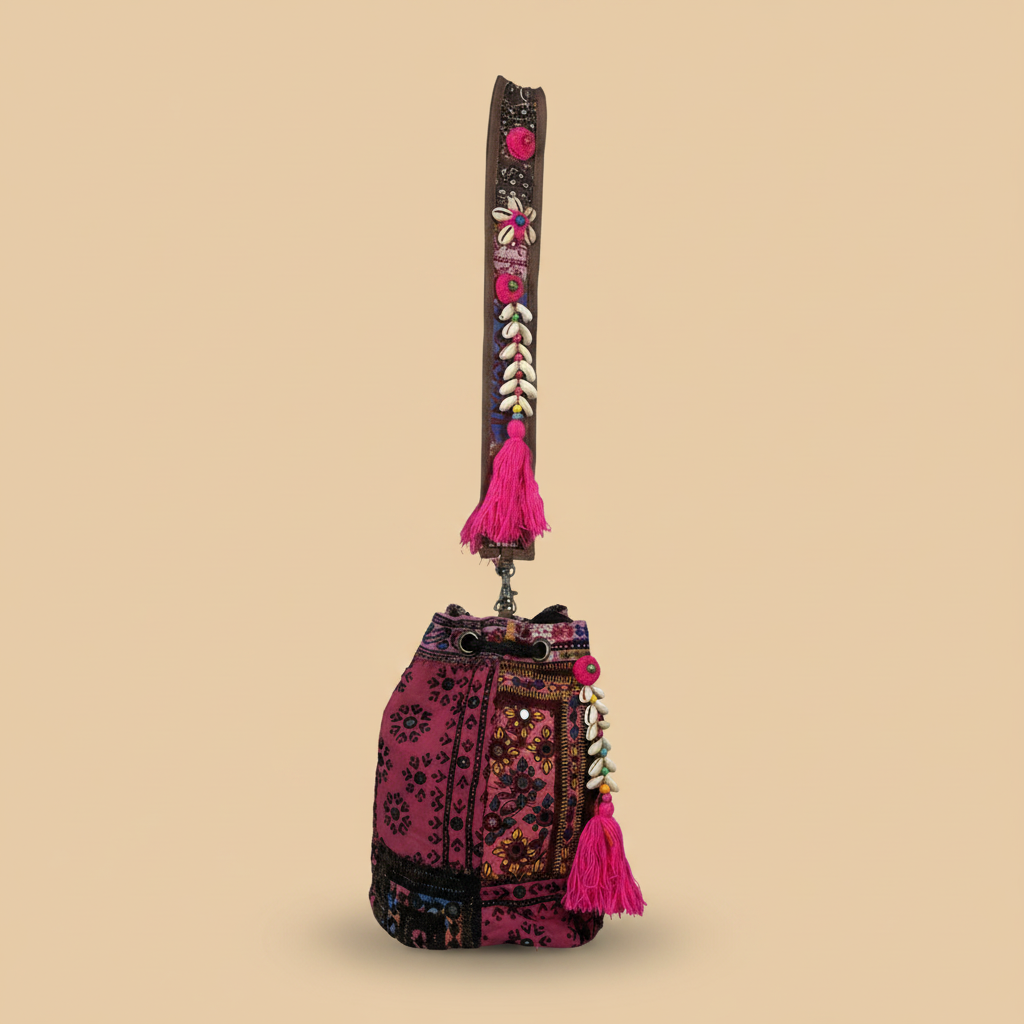 Shell Tassel Handcrafted Bucket Bag — Orchid Dahlia (Medium)