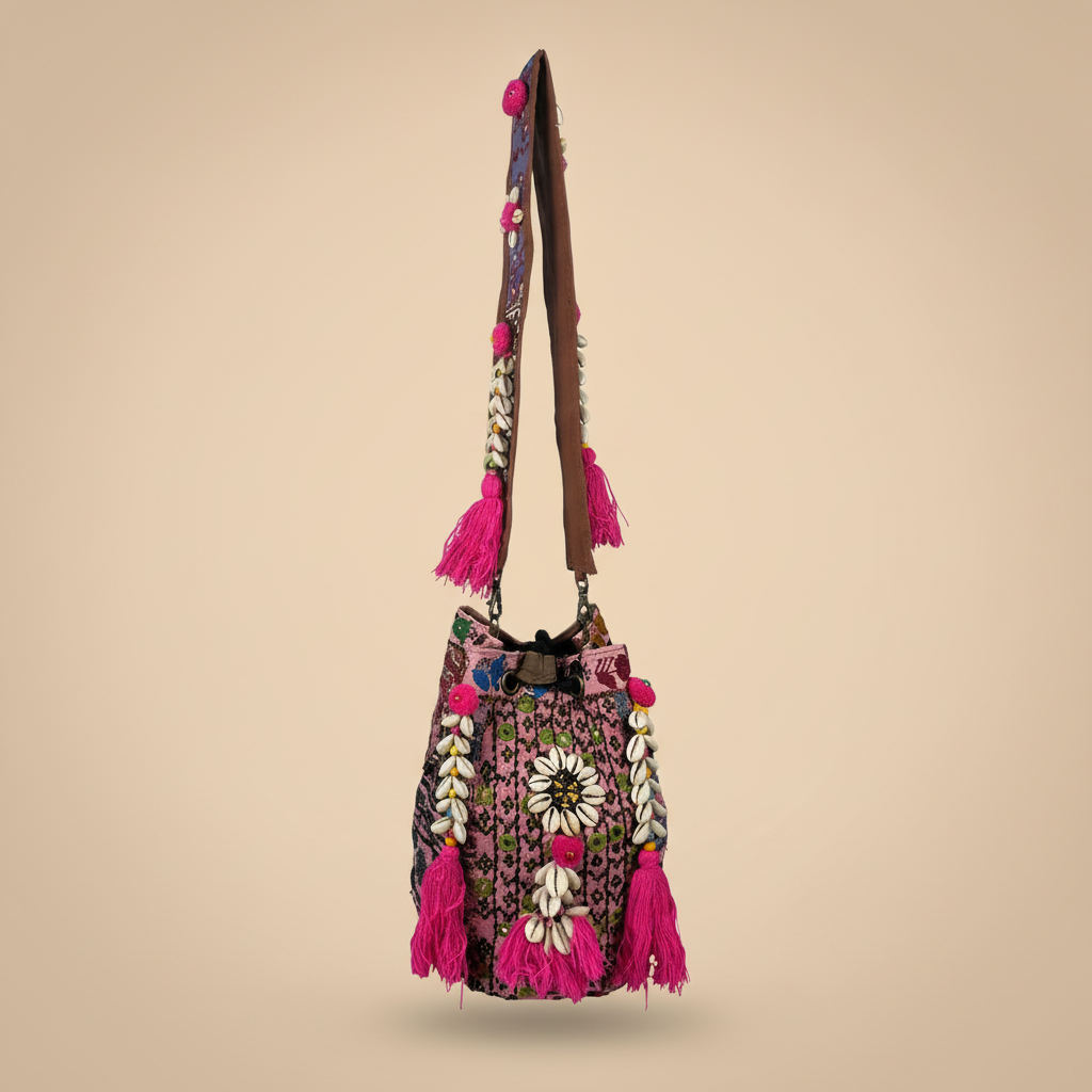 Shell Tassel Handcrafted Bucket Bag — Henna Heirloom (Medium)