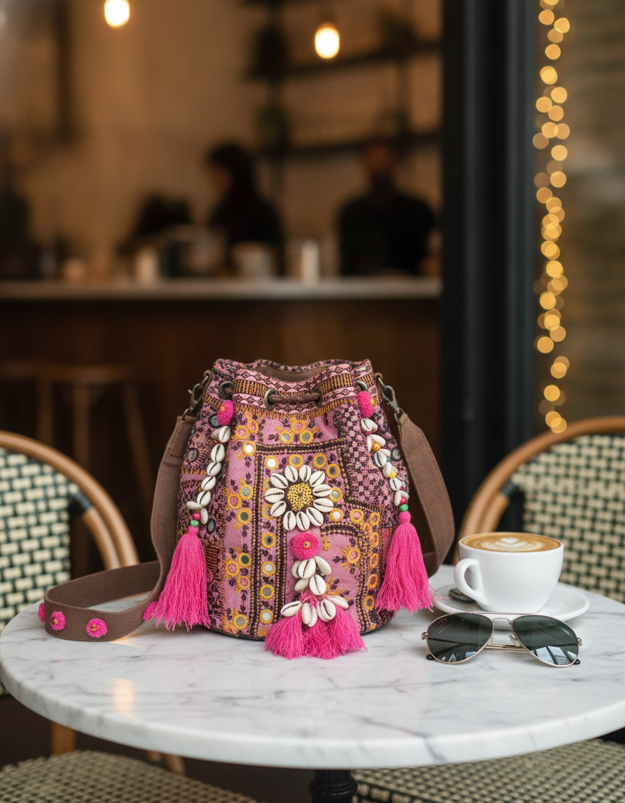 Shell Tassel Handcrafted Bucket Bag — Copper Spark (Medium)