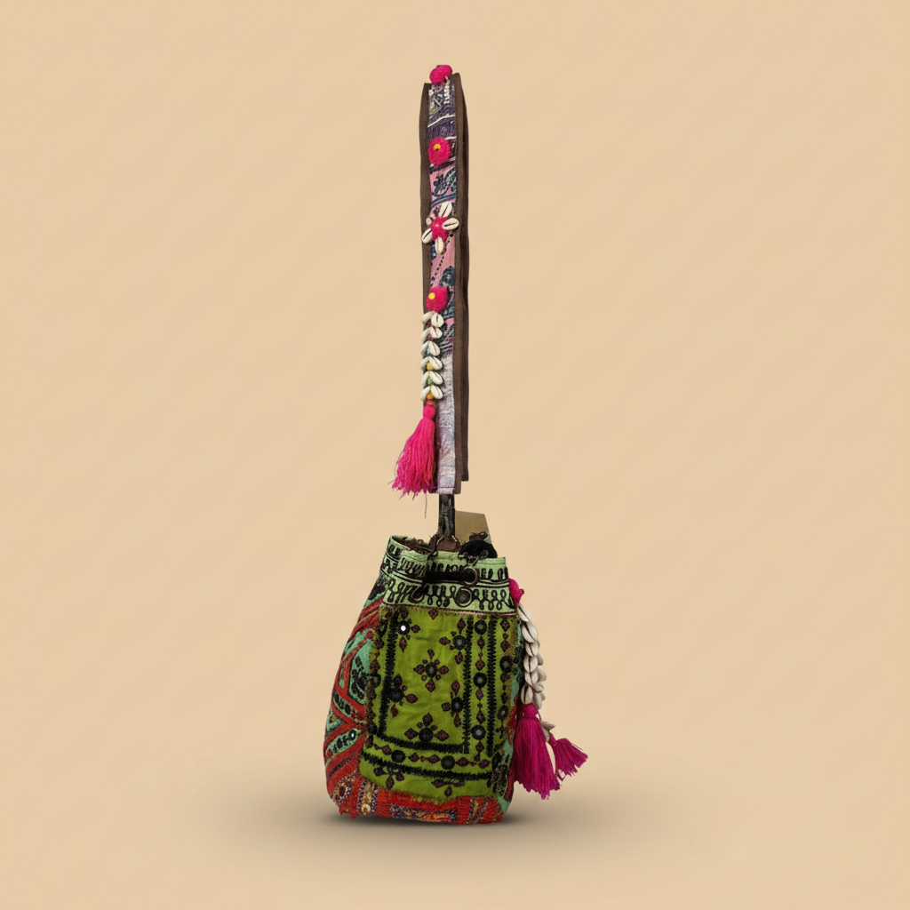 Shell Tassel Handcrafted Bucket Bag — Emerald Bloom (Medium)