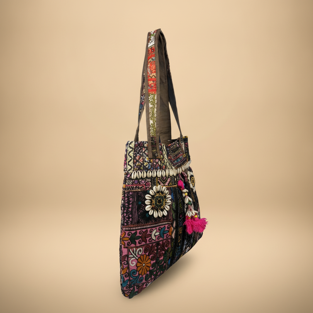 Shell Tassel Handcrafted Tote Bag — Walnut Jharokha