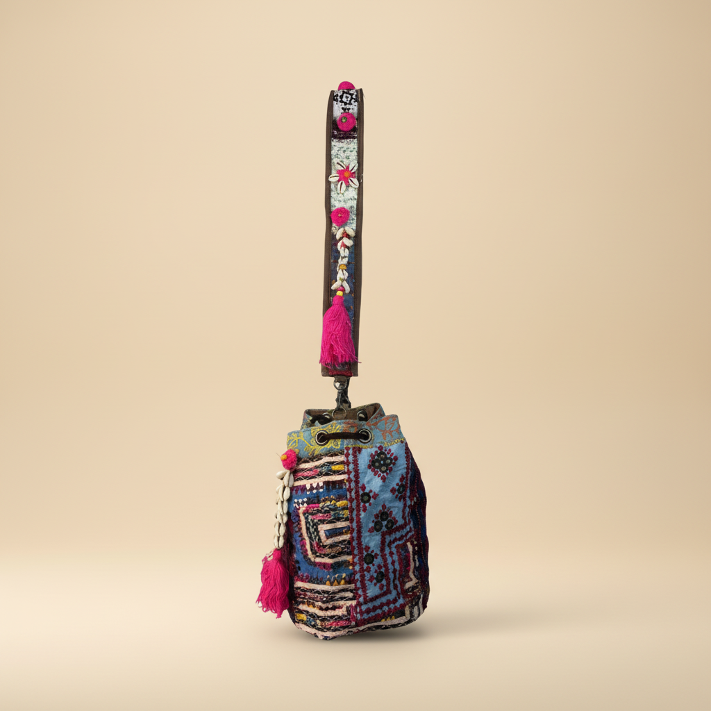 Shell Tassel Handcrafted Bucket Bag — Damson Bloom (Medium)
