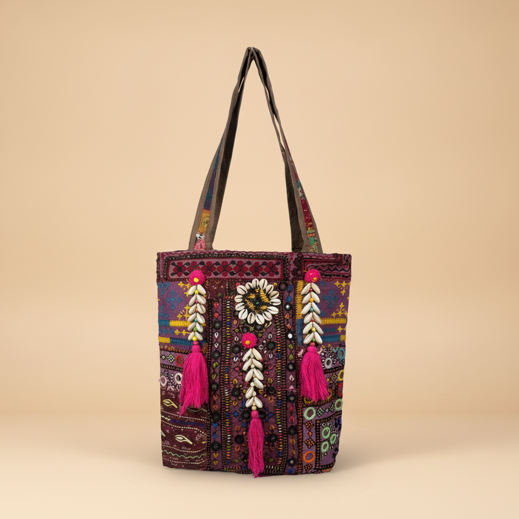 Shell Tassel Handcrafted Tote Bag — Merlot Fringe