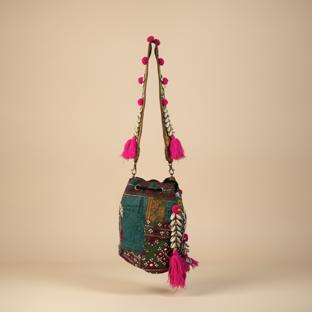 Shell Tassel Handcrafted Bucket Bag — Hazel Bloom (Medium)