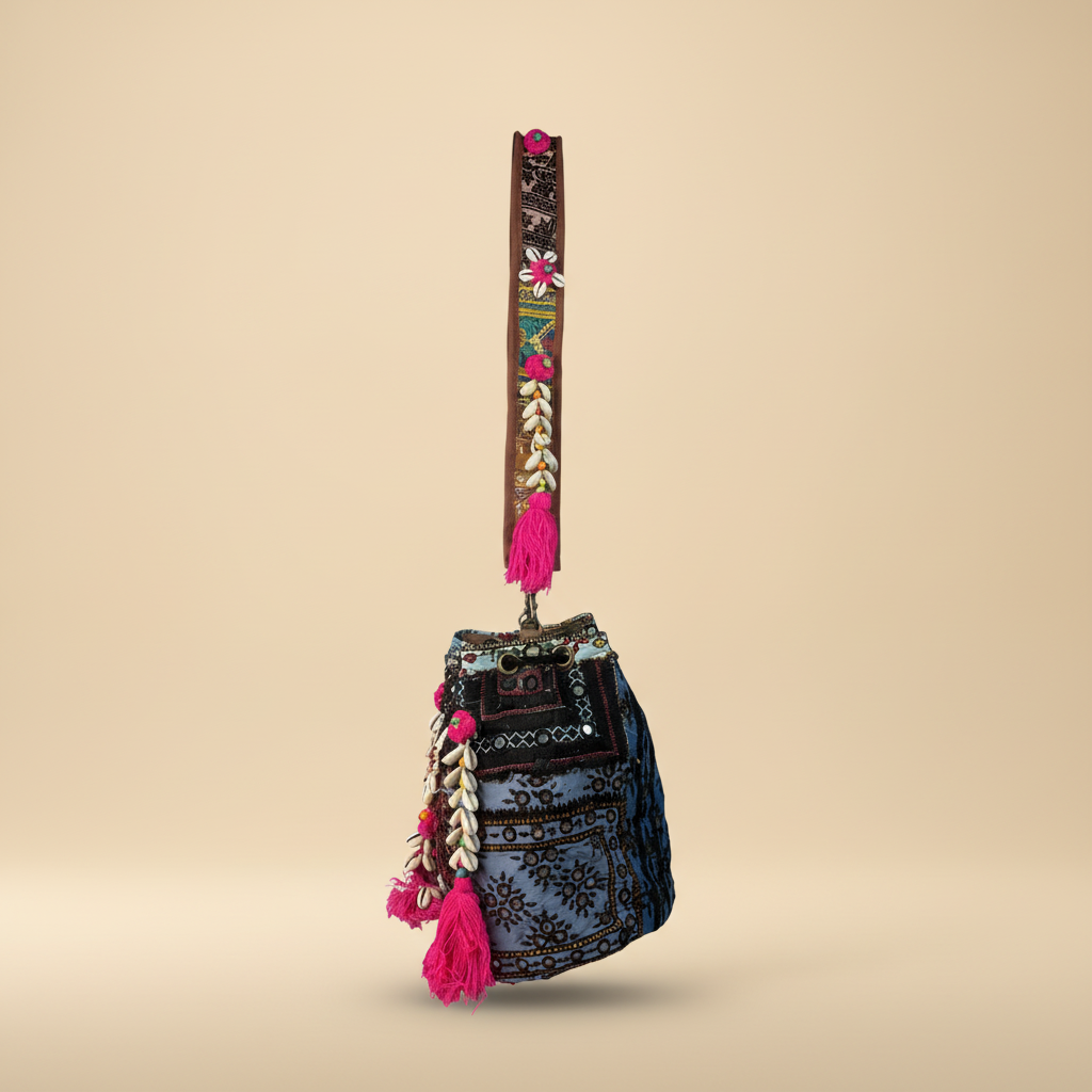 Shell Tassel Handcrafted Bucket Bag — Lagoon Aura (Medium)