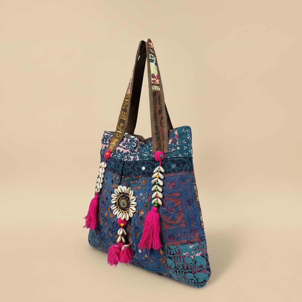 Shell Tassel Handcrafted Tote Bag — Indigo Jharokha