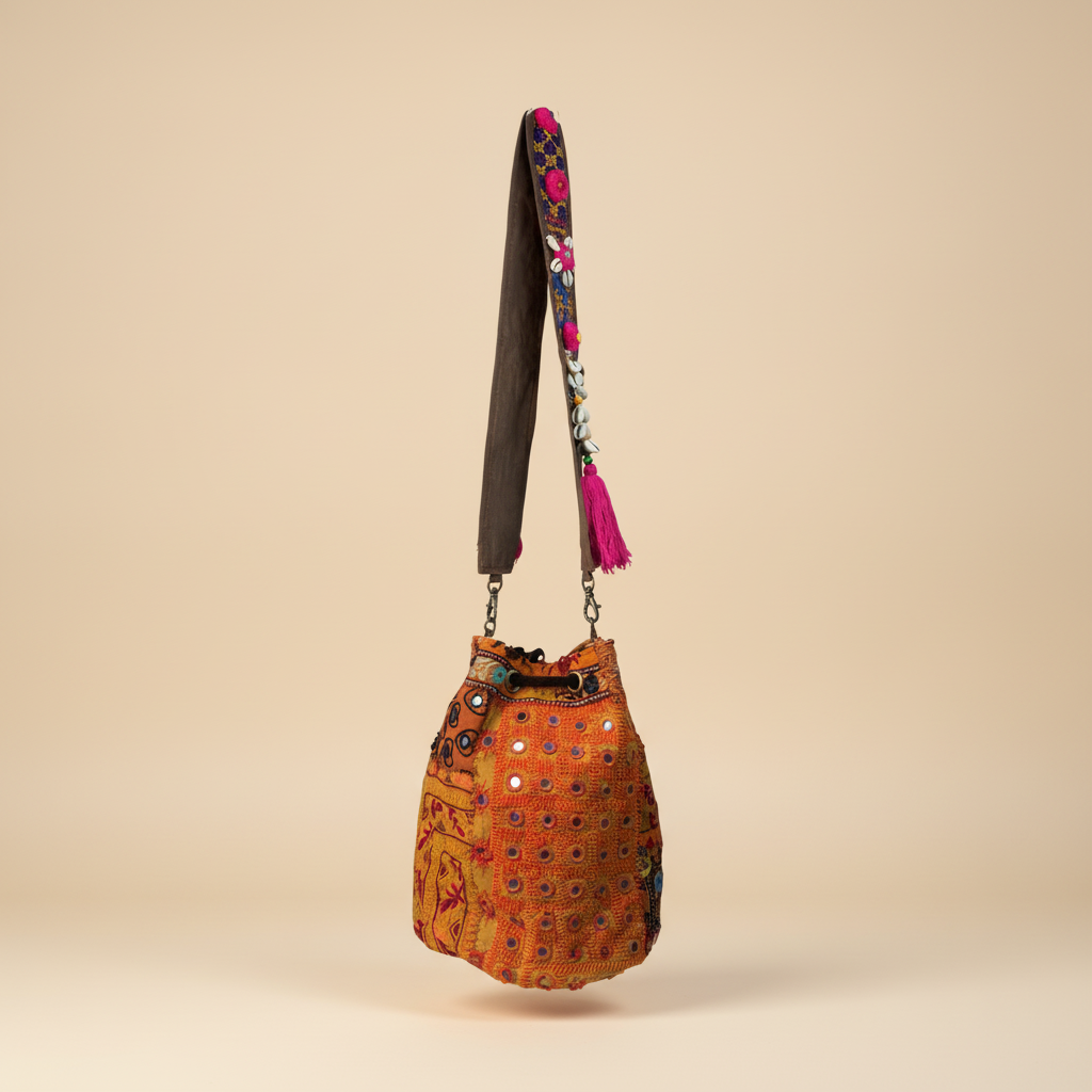 Shell Tassel Handcrafted Bucket Bag — Marigold Spark (Medium)
