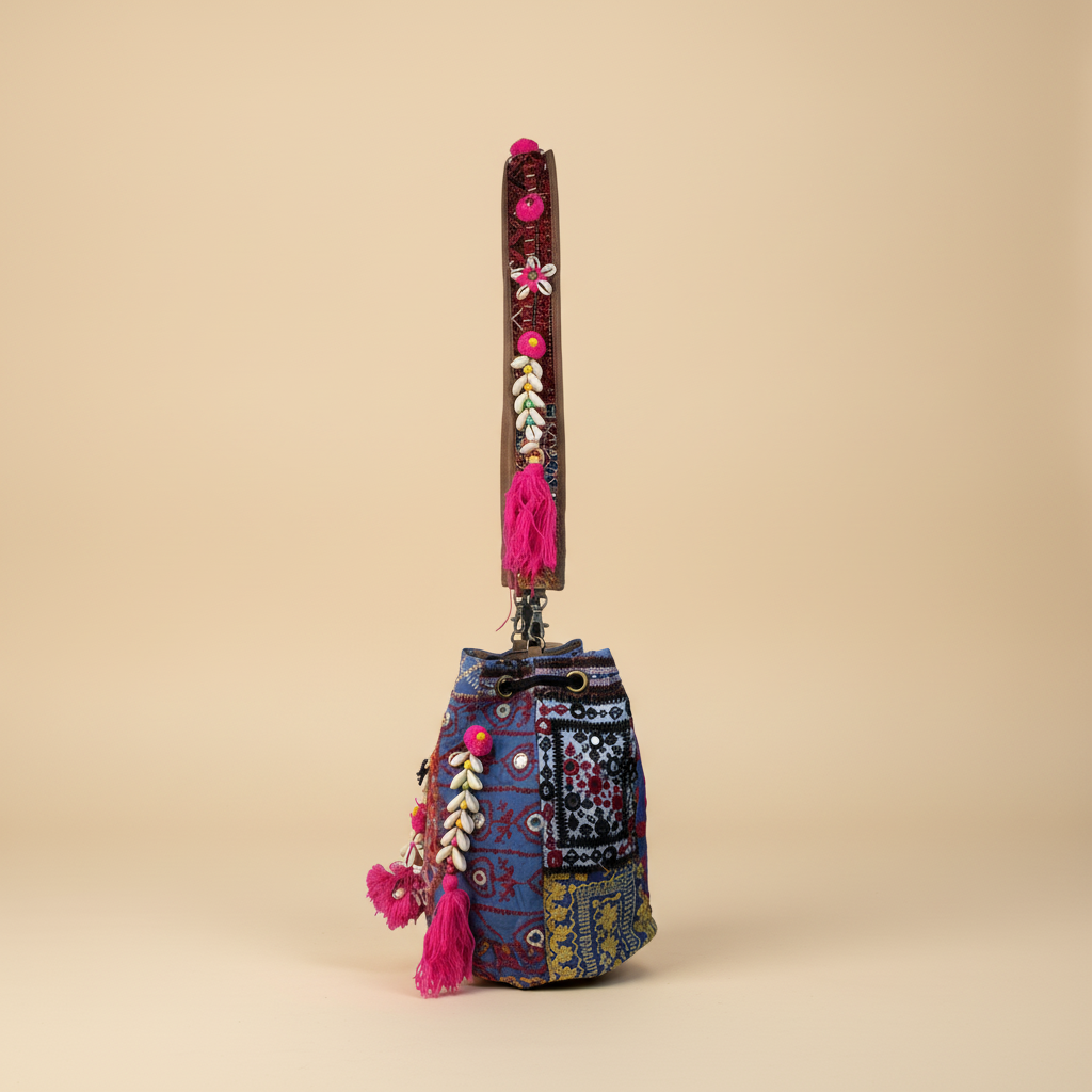 Shell Tassel Handcrafted Bucket Bag — Cornflower Bloom (Medium)