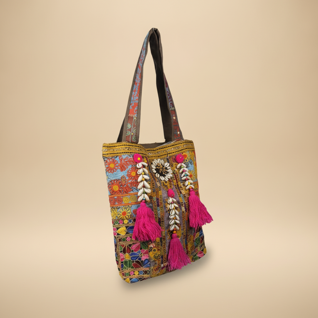 Shell Tassel Handcrafted Tote Bag — Fuchsia Tapestry
