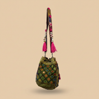 Shell Tassel Handcrafted Bucket Bag — Moss Heirloom (Medium)