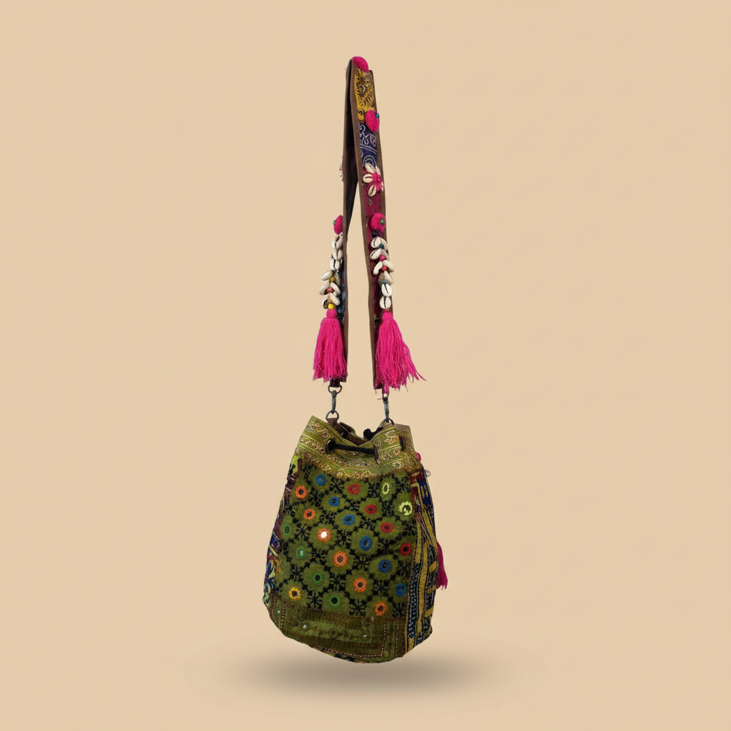 Shell Tassel Handcrafted Bucket Bag — Moss Heirloom (Medium)