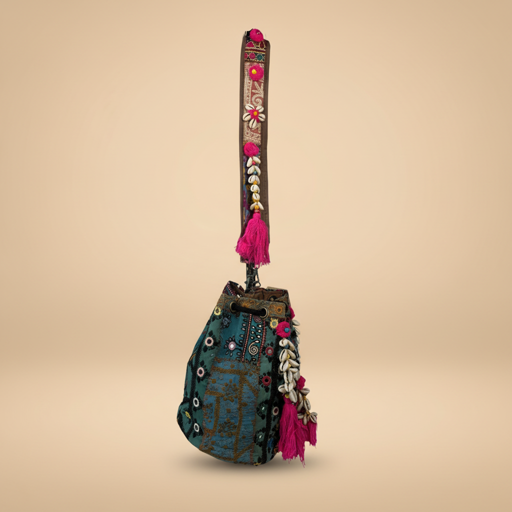 Shell Tassel Handcrafted Bucket Bag — Pine Bloom (Medium)