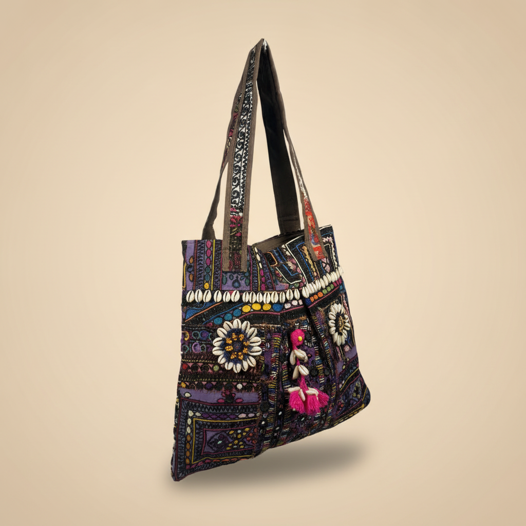 Shell Tassel Handcrafted Tote Bag — Midnight Jharokha
