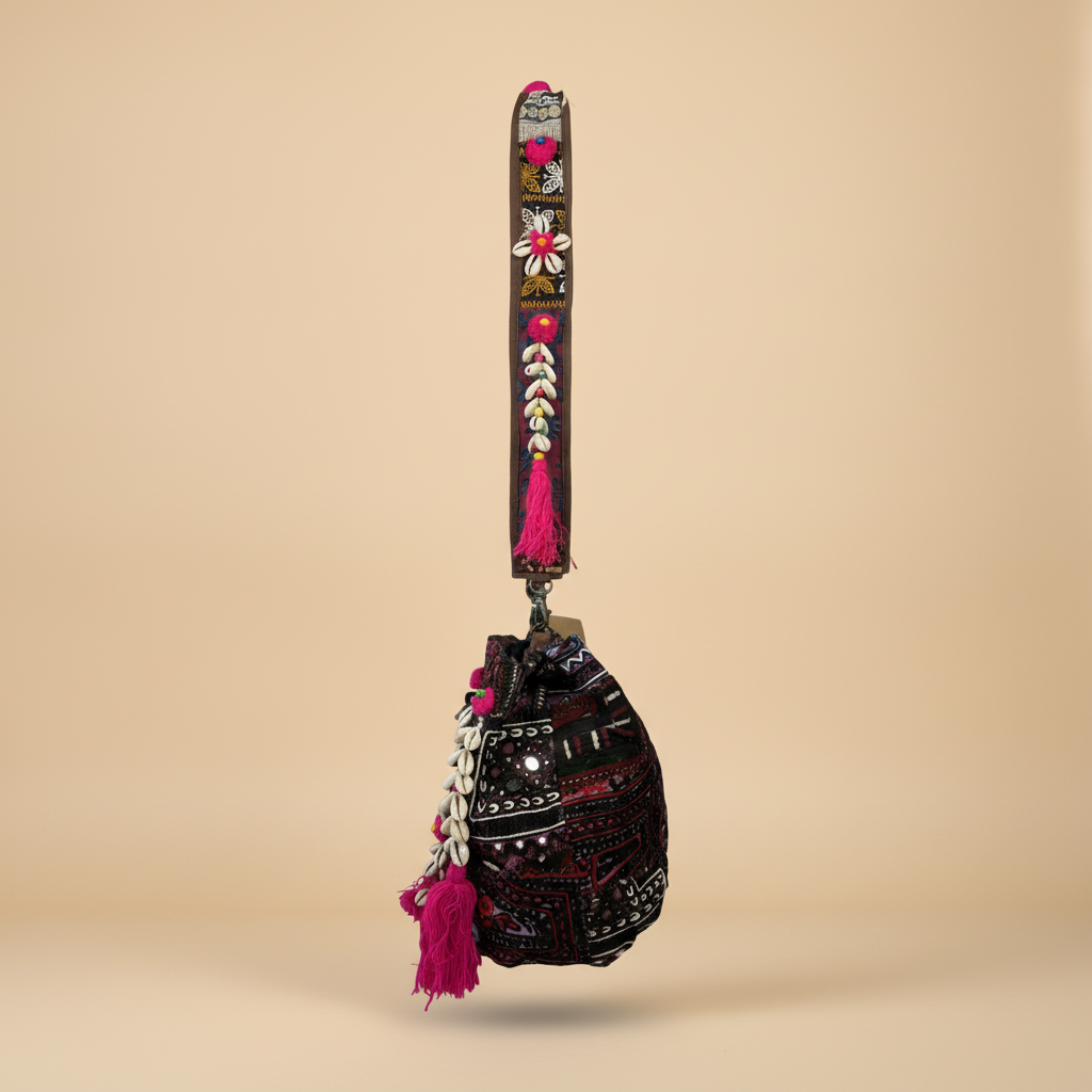 Shell Tassel Handcrafted Bucket Bag — Blackberry Bloom (Medium)