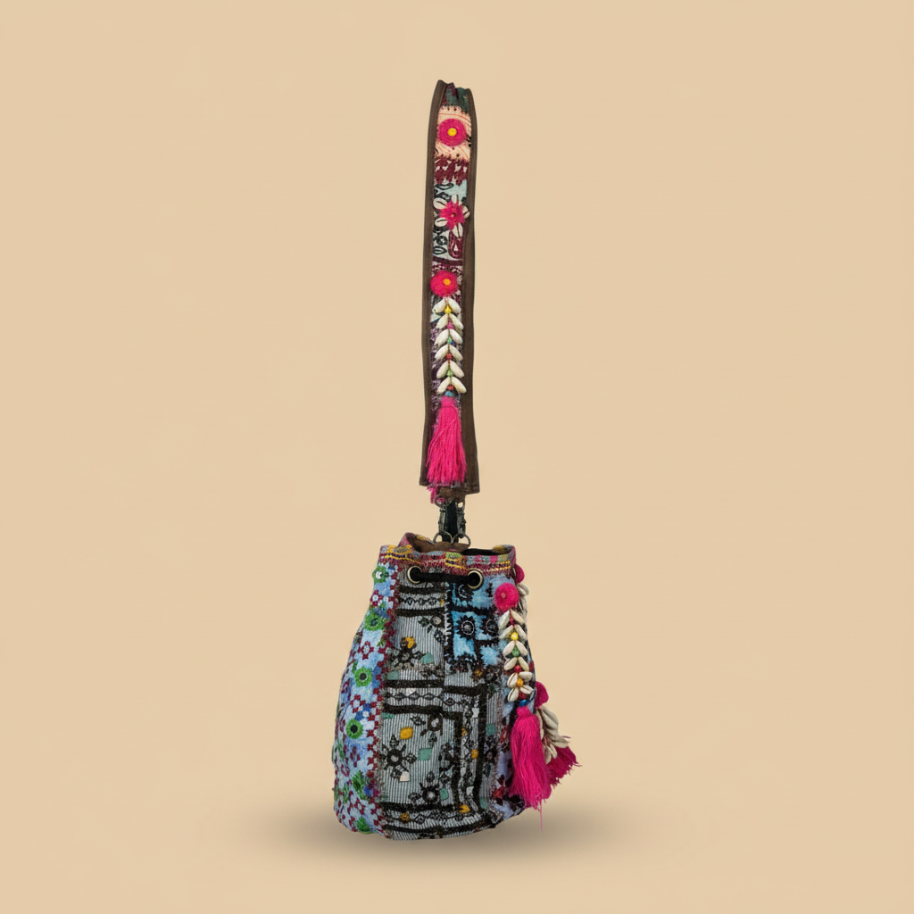 Shell Tassel Handcrafted Bucket Bag — Teal Prism (Medium)