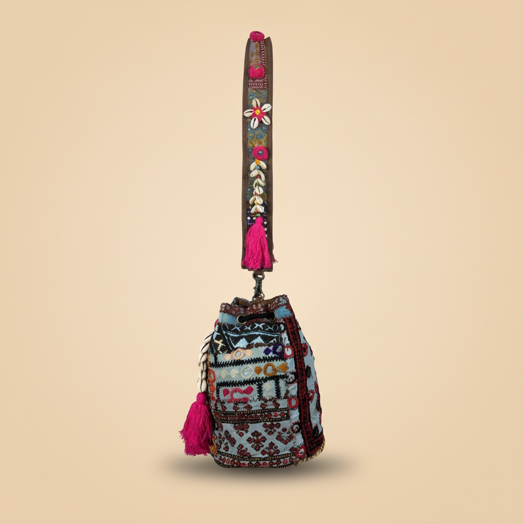 Shell Tassel Handcrafted Bucket Bag — Peacock Prism (Medium)