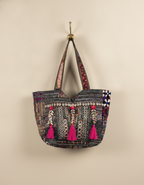 Shell Tassel Handcrafted Tote Bag — Charcoal Tapestry