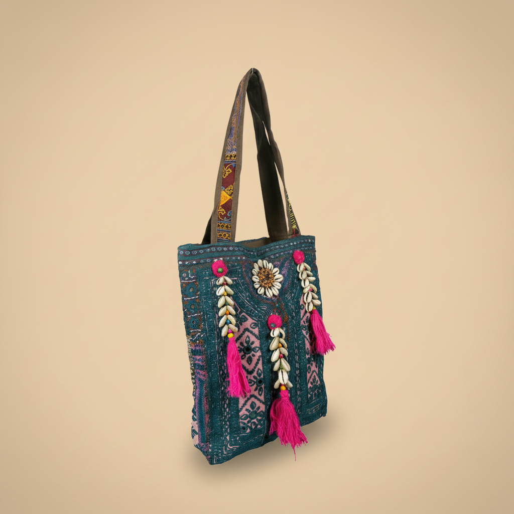 Shell Tassel Handcrafted Tote Bag — Teal Tapestry
