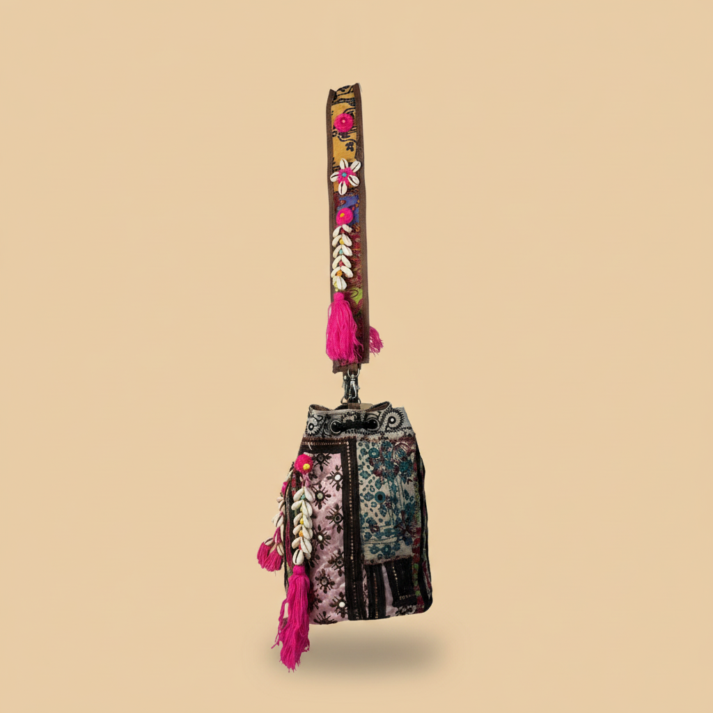 Shell Tassel Handcrafted Bucket Bag — Currant Bloom (Medium)