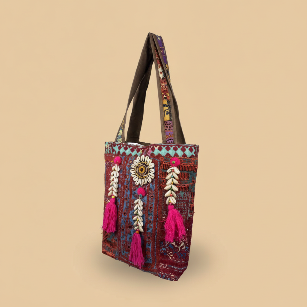 Shell Tassel Handcrafted Tote Bag — Garnet Fringe