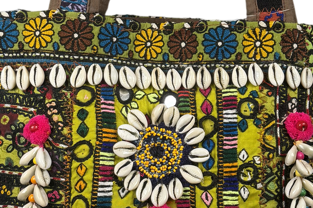 Shell Tassel Handcrafted Tote Bag — Olive Mosaic