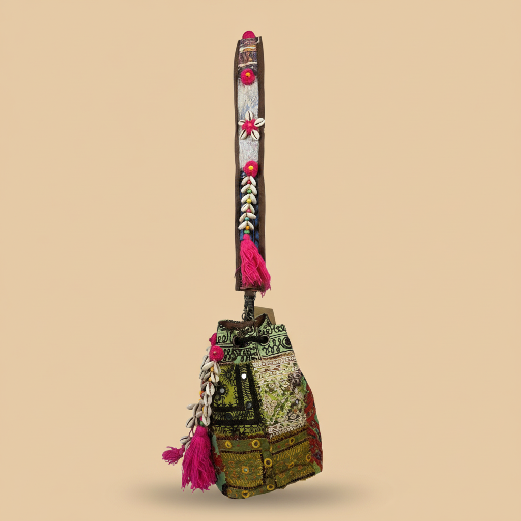 Shell Tassel Handcrafted Bucket Bag — Emerald Bloom (Medium)