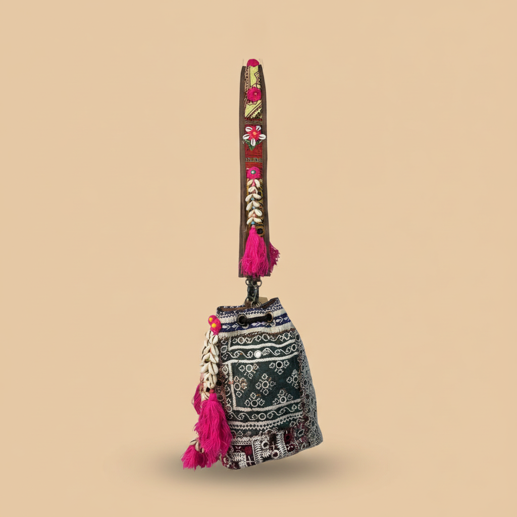 Shell Tassel Handcrafted Bucket Bag — Onyx Bloom (Medium)