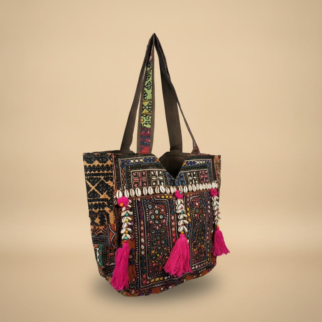 Shell Tassel Handcrafted Tote Bag — Espresso Mosaic
