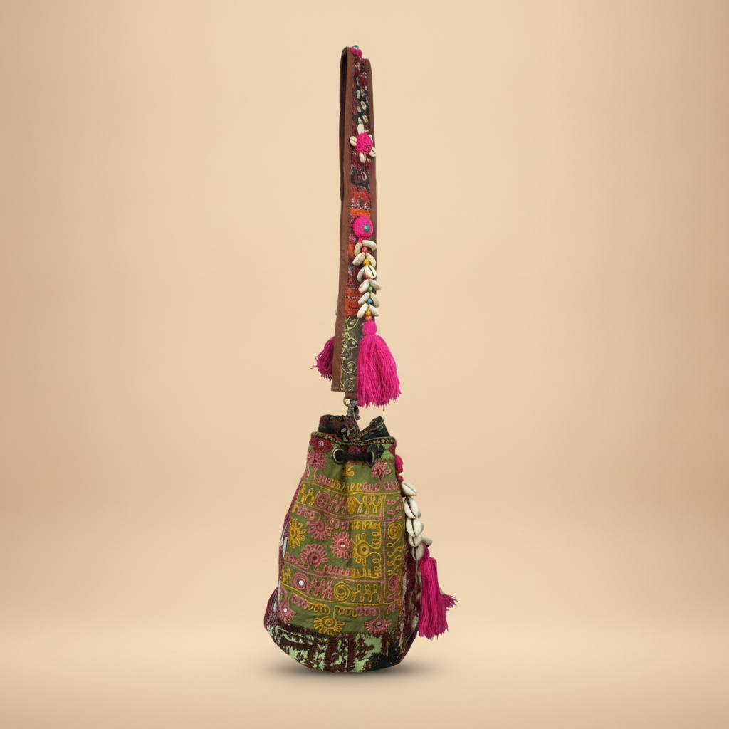 Shell Tassel Handcrafted Bucket Bag — Crimson Bloom (Medium)