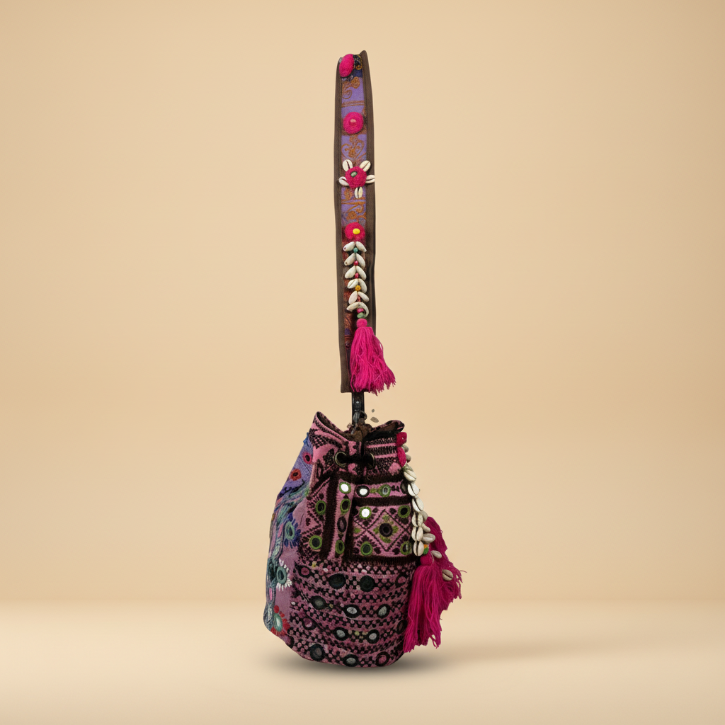 Shell Tassel Handcrafted Bucket Bag — Wine Dahlia (Medium)