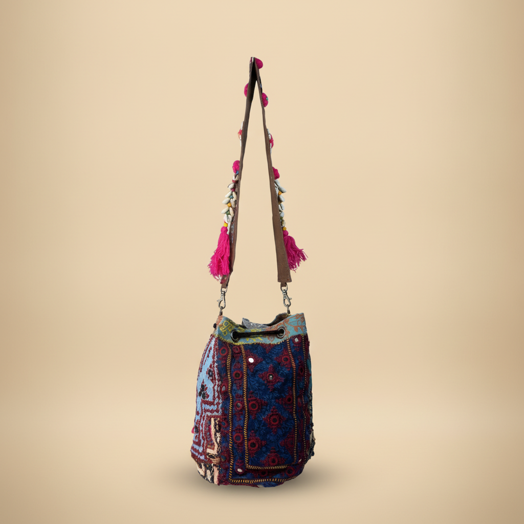 Shell Tassel Handcrafted Bucket Bag — Damson Bloom (Medium)