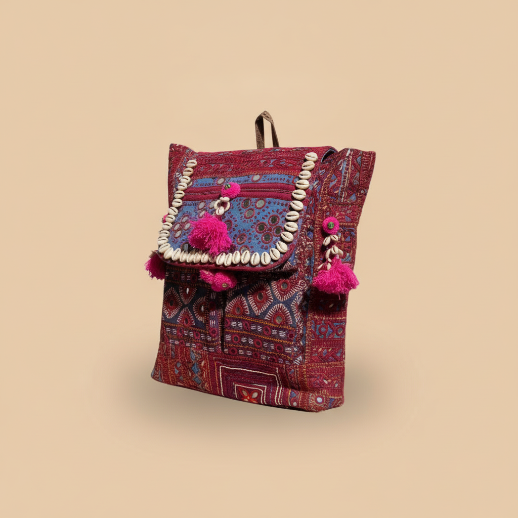 Shell Tassel Handcrafted Backpack — Crimson Passage
