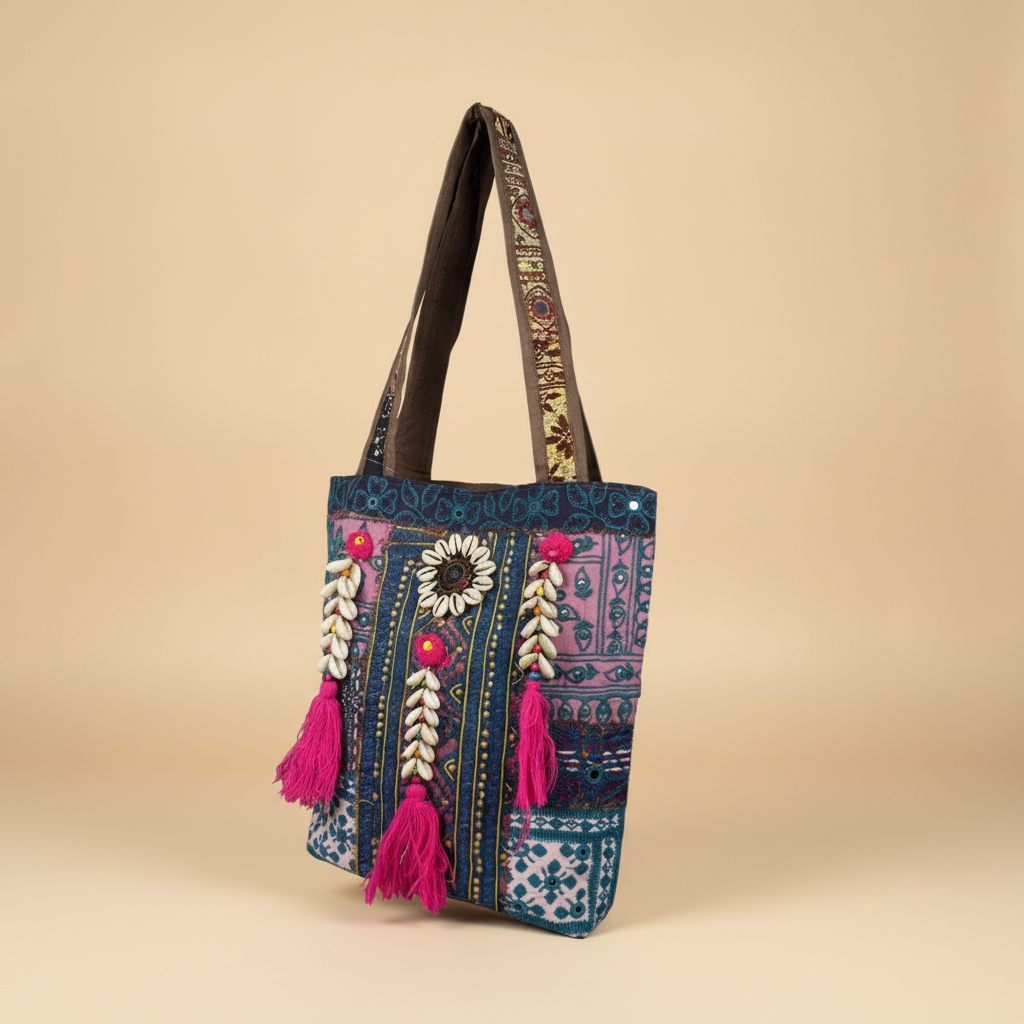 Shell Tassel Handcrafted Tote Bag — Sapphire Mosaic