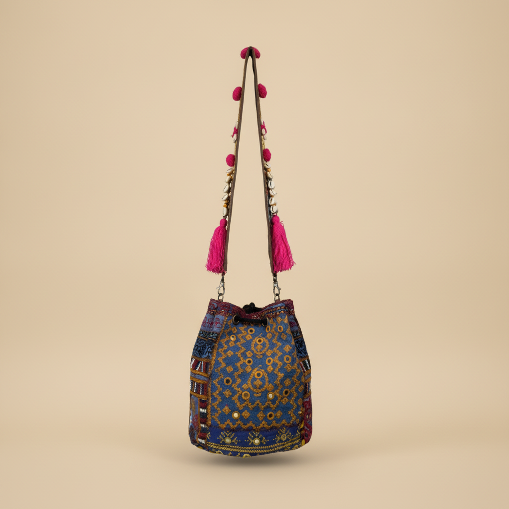 Shell Tassel Handcrafted Bucket Bag — Azure Dahlia (Medium)