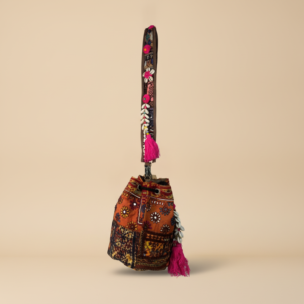 Shell Tassel Handcrafted Bucket Bag — Saffron Bloom (Medium)