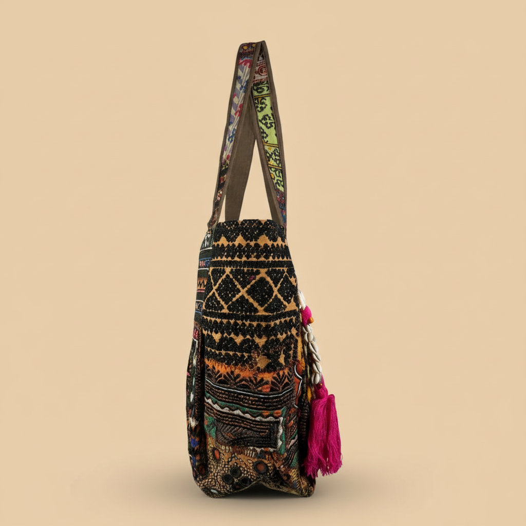 Shell Tassel Handcrafted Tote Bag — Espresso Mosaic