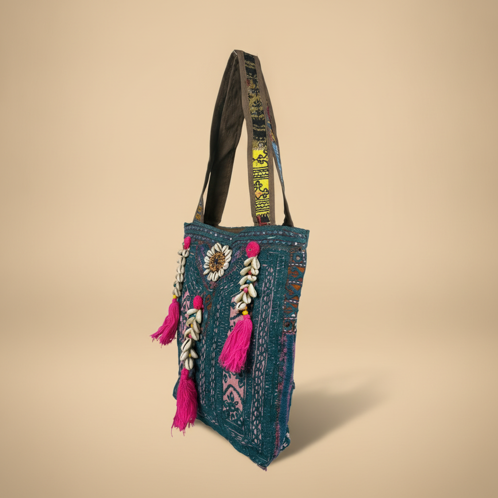 Shell Tassel Handcrafted Tote Bag — Teal Tapestry