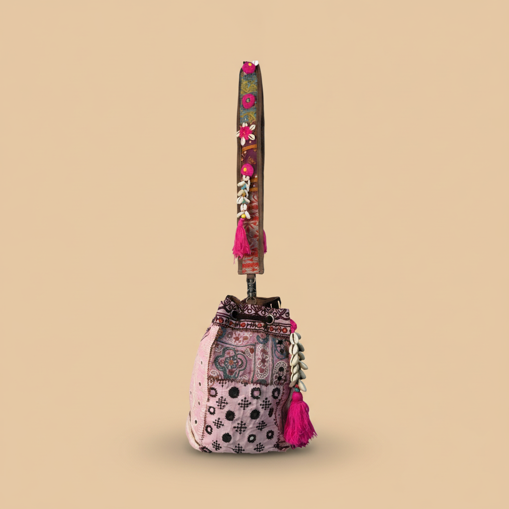 Shell Tassel Handcrafted Bucket Bag — Blush Bloom (Medium)