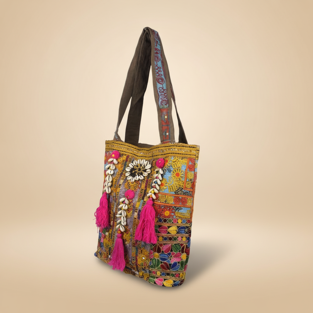 Shell Tassel Handcrafted Tote Bag — Fuchsia Tapestry
