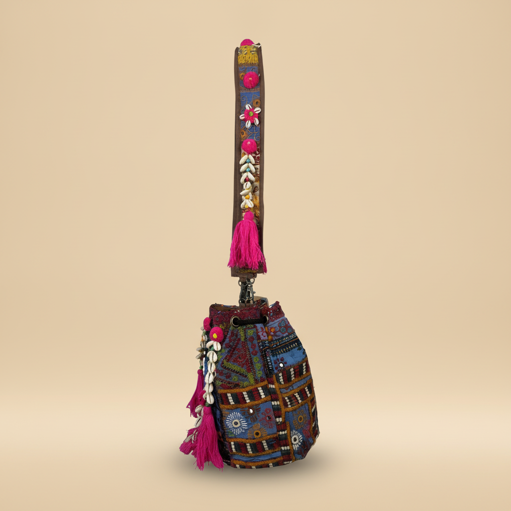 Shell Tassel Handcrafted Bucket Bag — Azure Dahlia (Medium)