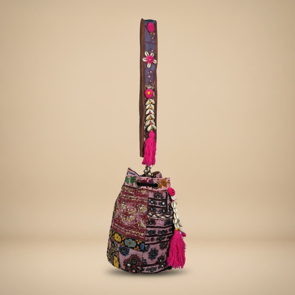 Shell Tassel Handcrafted Bucket Bag — Henna Heirloom (Medium)