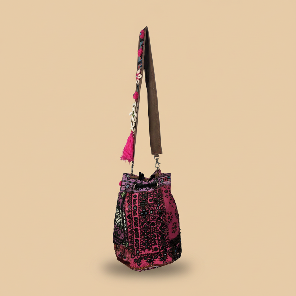 Shell Tassel Handcrafted Bucket Bag — Orchid Dahlia (Medium)