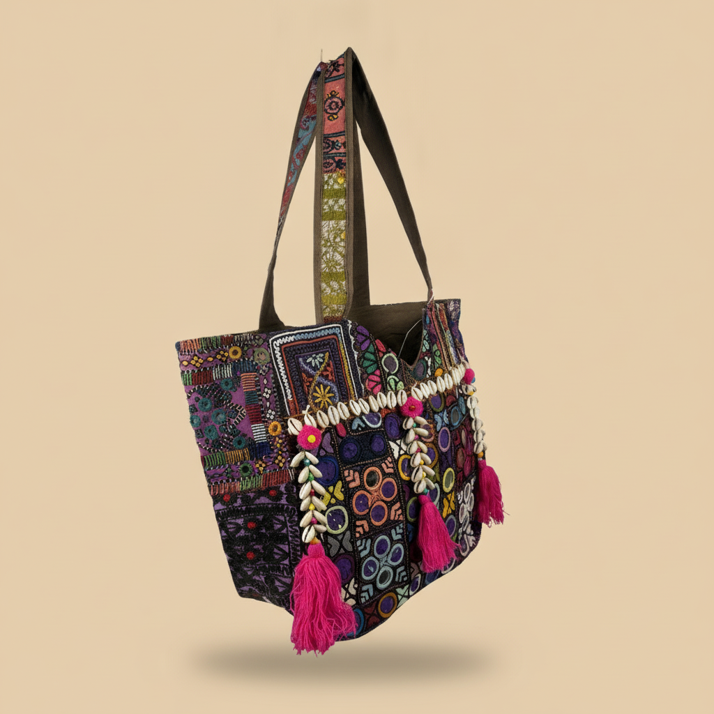 Shell Tassel Handcrafted Tote Bag — Merlot Mosaic