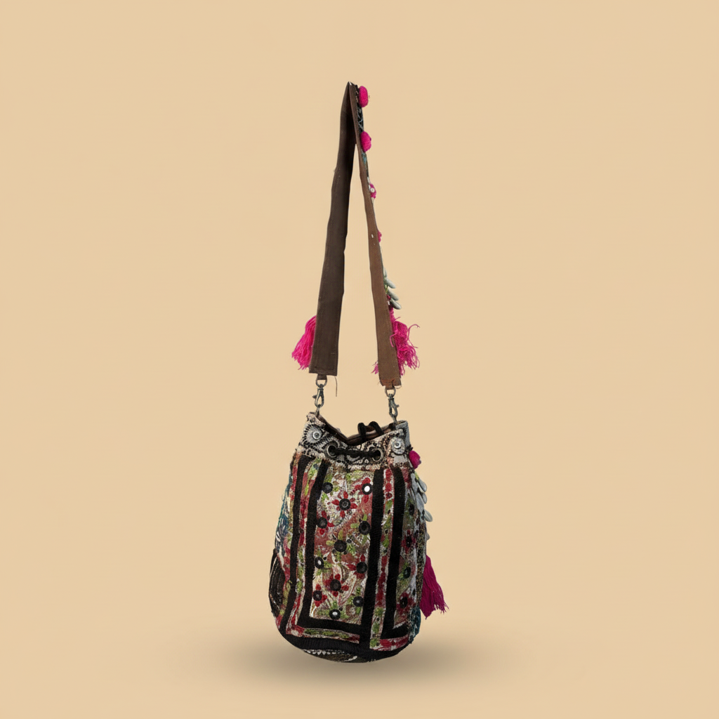Shell Tassel Handcrafted Bucket Bag — Currant Bloom (Medium)