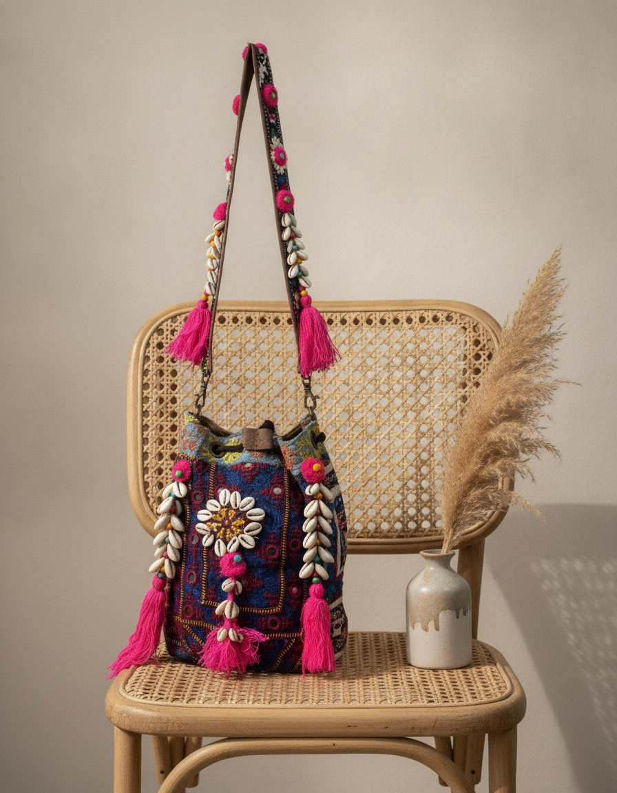 Shell Tassel Handcrafted Bucket Bag — Damson Bloom (Medium)