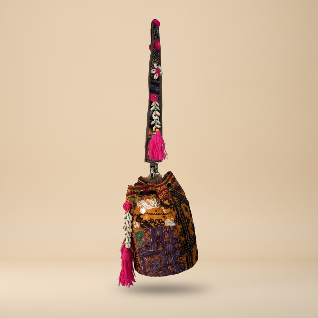 Shell Tassel Handcrafted Bucket Bag — Saffron Bloom (Medium)